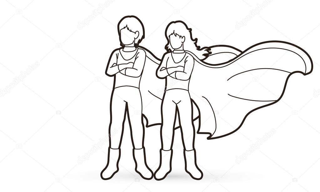 Super Hero Man and Woman standing together with costume cartoon graphic vector.