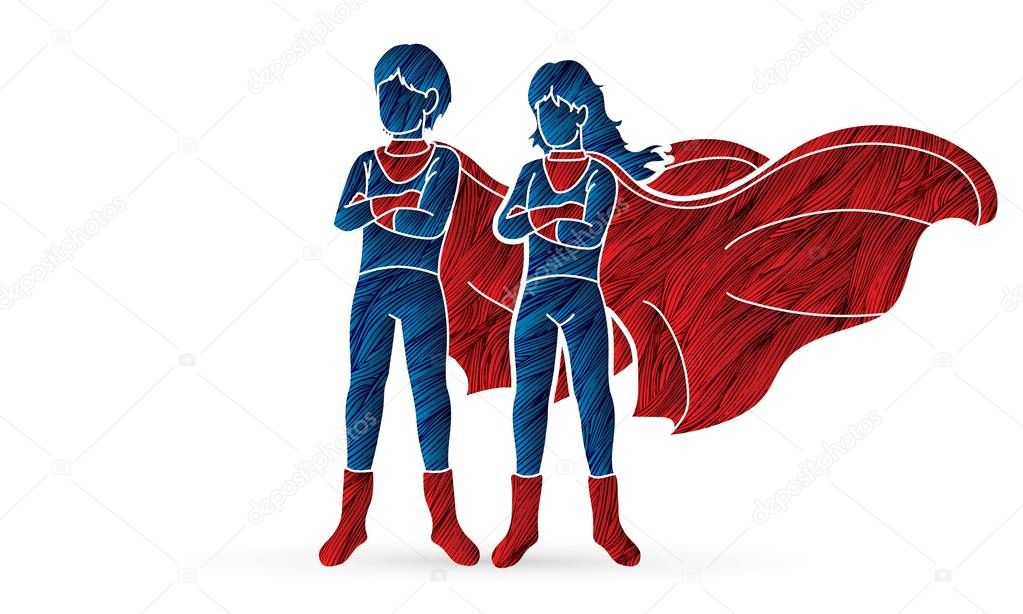 Super Hero Man and Woman standing together with costume cartoon graphic vector.