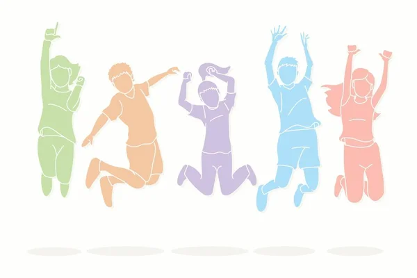 Grupo Crianças Pulando Happy Feel Bom Desenho Animado Vector Gráfico — Vetor de Stock