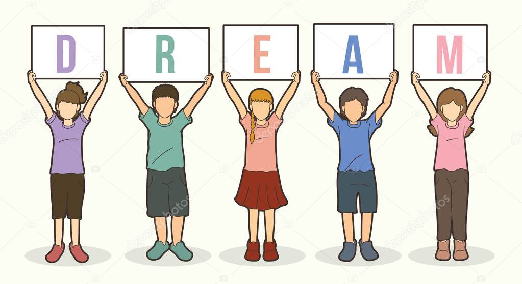 Children with DREAM board graphic vector.