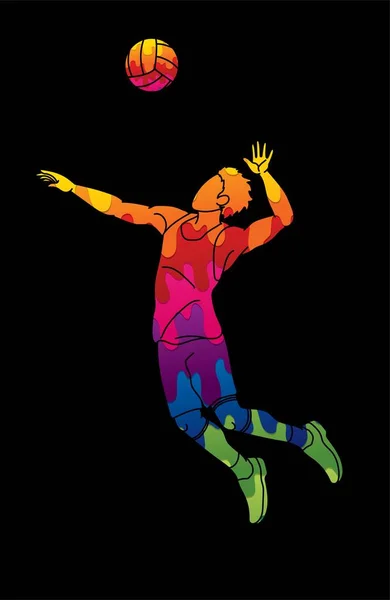 Homme Joueur Volley Ball Saut Action Dessin Animé Vecteur Graphique — Image vectorielle