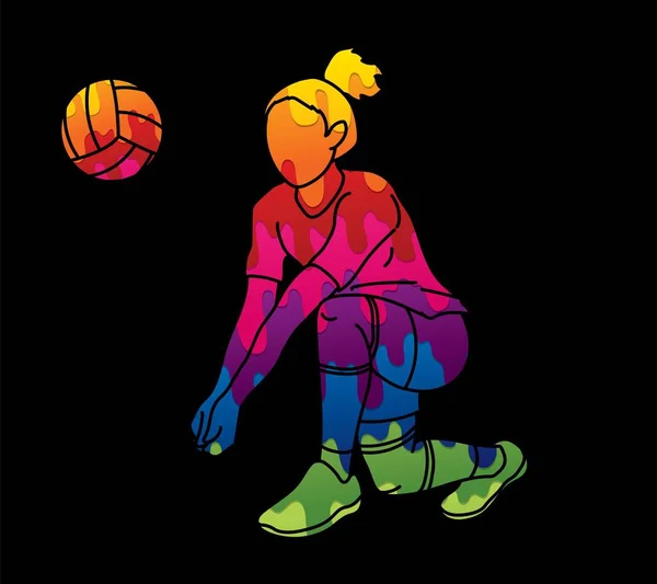 Mulher Jogador Voleibol Ação Cartoon Vector Gráfico — Vetor de Stock