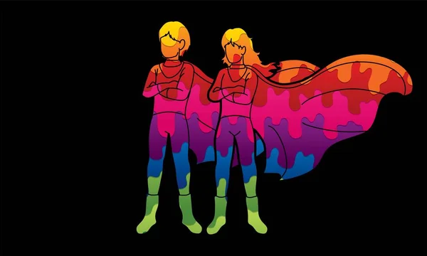 Super Héroe Hombre Mujer Pie Junto Con Traje Dibujos Animados — Archivo Imágenes Vectoriales
