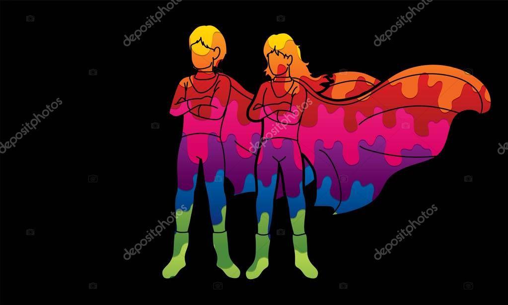 Super Hero Man and Woman standing together with costume cartoon graphic vector.