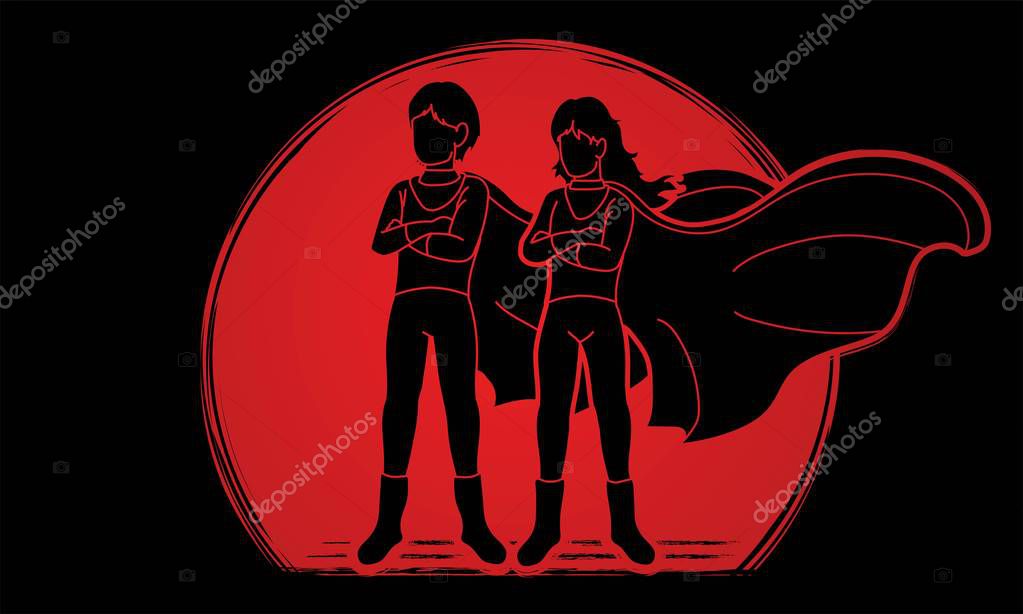 Super Hero Man and Woman standing together with costume cartoon graphic vector.