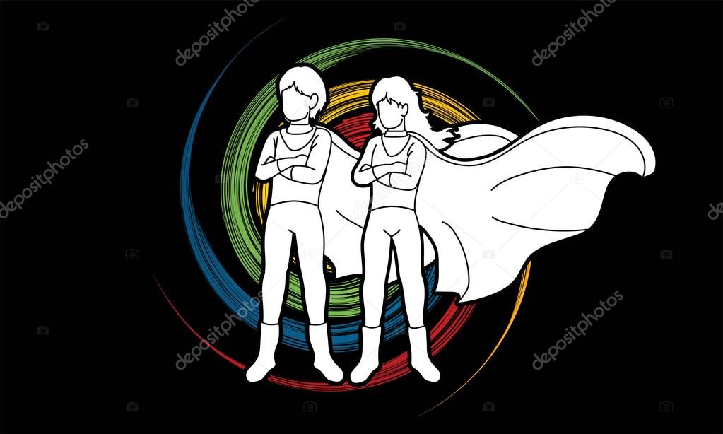 Super Hero Man and Woman standing together with costume cartoon graphic vector.