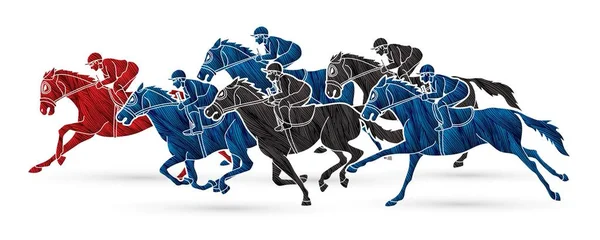 Groep Van Jockeys Paardrijden Paard Sportcompetitie Cartoon Sport Grafische Vector — Stockvector