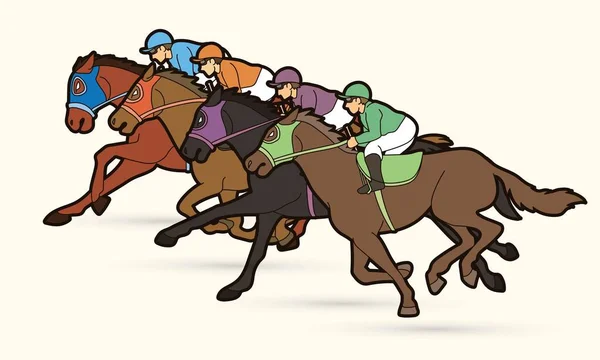 Grupo Jockeys Caballo Montar Competencia Deportiva Dibujos Animados Vector Gráfico — Archivo Imágenes Vectoriales