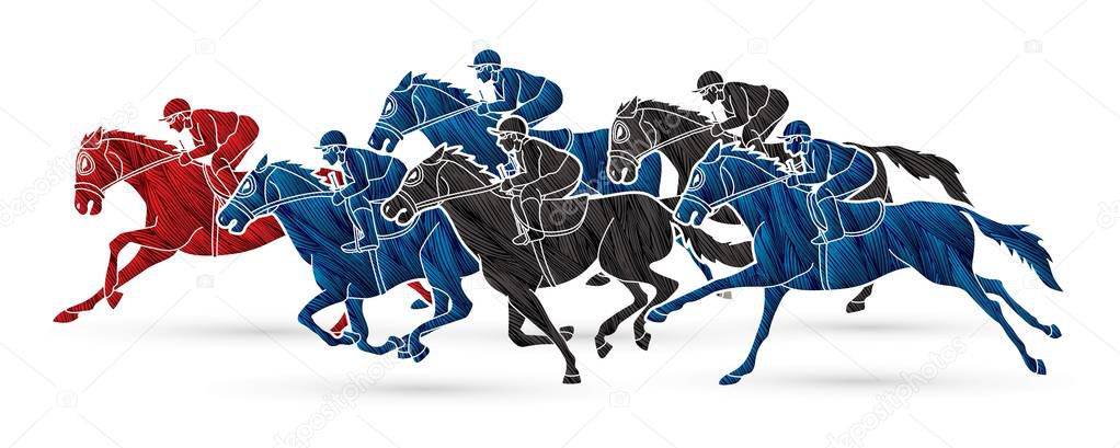 Group of Jockeys riding horse, sport competition cartoon sport graphic vector