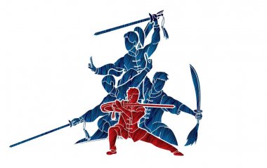 Kung Fu fighter silah ile savaş sanatları eylem poz karikatür grafik vektör.