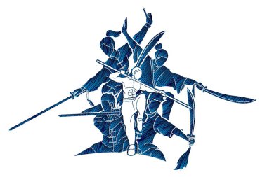 Kung Fu fighter silah ile savaş sanatları eylem poz karikatür grafik vektör.