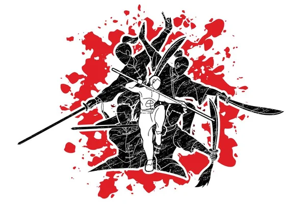 Kung Luchador Con Armas Artes Marciales Acción Pose Vector Gráfico — Vector de stock