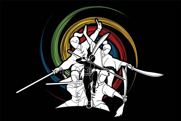 Kung Luchador Con Armas Artes Marciales Acción Pose Vector Gráfico — Vector de stock