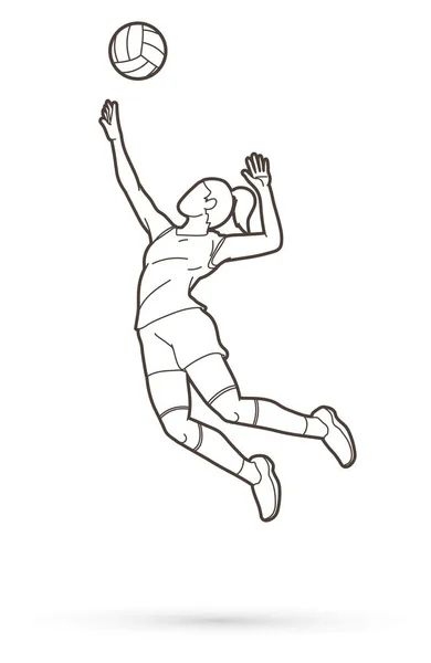Mulher Jogador Voleibol Ação Cartoon Vector Gráfico — Vetor de Stock