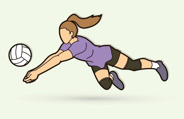 Mulher Jogador Voleibol Ação Cartoon Vector Gráfico — Vetor de Stock