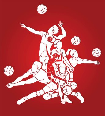 Voleybolcular grubu aksiyon karikatür grafik vektör