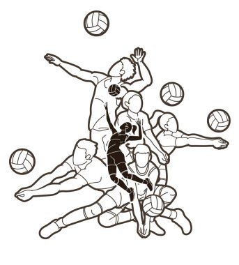 Voleybolcular grubu aksiyon karikatür grafik vektör