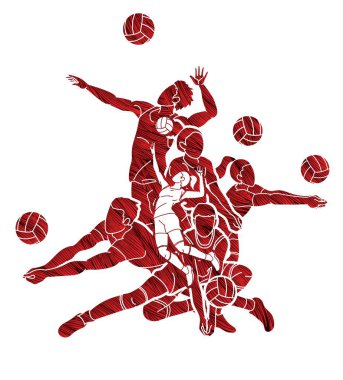 Voleybolcular grubu aksiyon karikatür grafik vektör