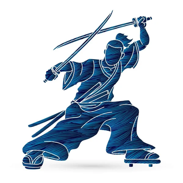 Samurai Permanent Klaar Vechten Met Zwaarden Cartoon Grafische Vector — Stockvector