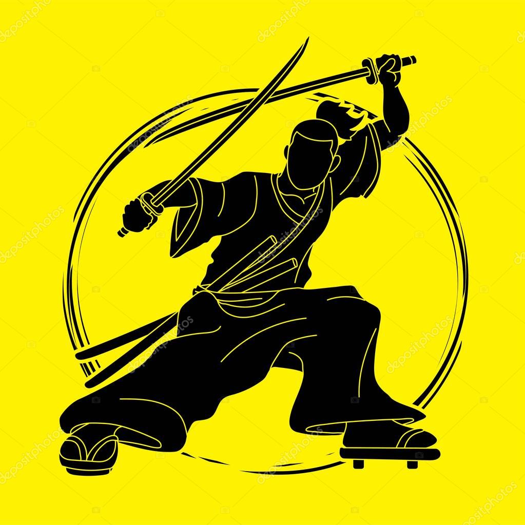 Samurai standing ready to fight with swords cartoon graphic vector