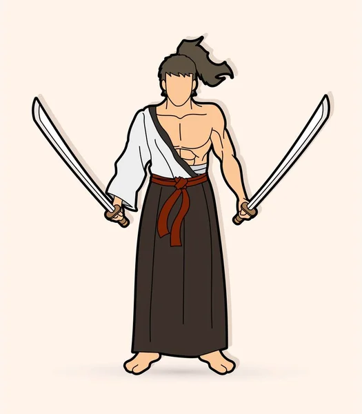 Samurai Guerreiro Com Espadas Cartoon Vector Gráfico — Vetor de Stock