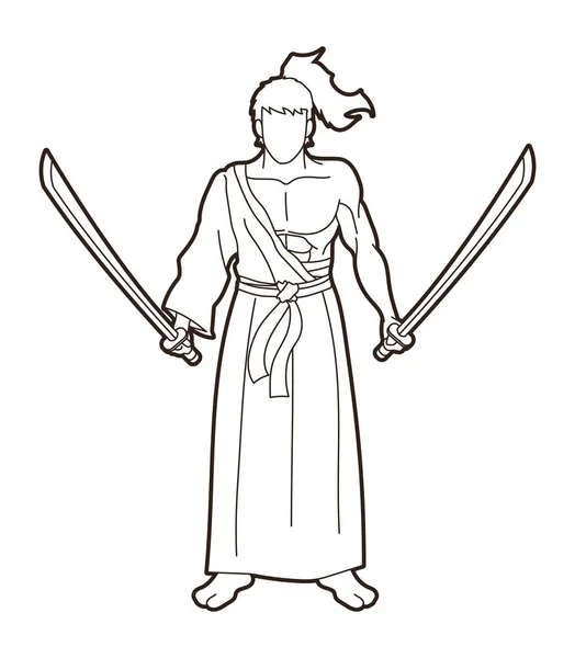 Samurai Prajurit Berdiri Dengan Pedang Kartun Grafik Vektor - Stok Vektor