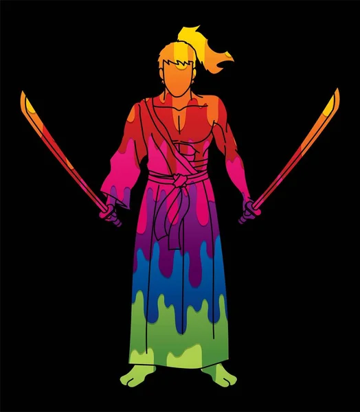 Samurai Guerriero Piedi Con Spade Fumetto Vettore Grafico — Vettoriale Stock