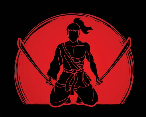 Samurai Krieger Sitzt Mit Schwertern Cartoon Grafik Vektor — Stockvektor