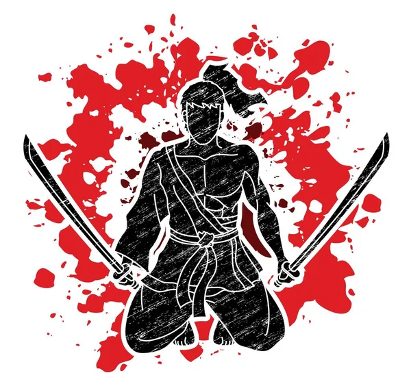 剣漫画グラフィックベクトルで座っている武士の戦士 — ストックベクタ