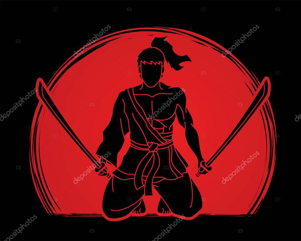 Samurai warrior sitting with swords cartoon graphic vector.