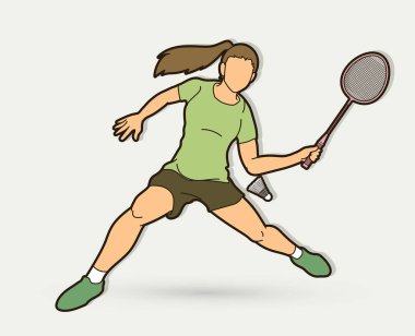 Raket ve raketle karikatür grafik vektör ile badminton kadın oyuncu eylem.