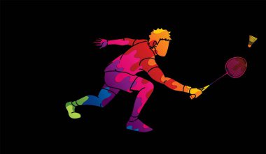 Raket ve raketle karikatür grafik vektör ile badminton erkek oyuncu eylem.