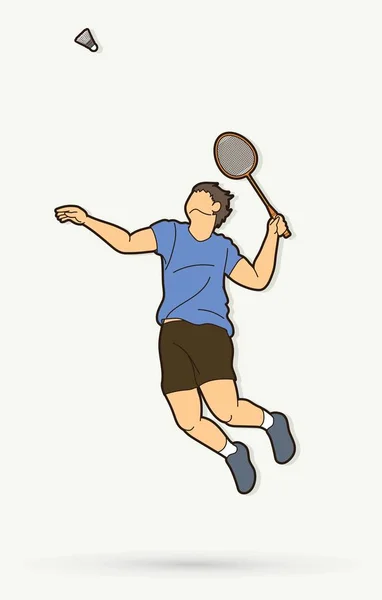 Action Joueur Masculin Badminton Avec Raquette Vecteur Graphique Dessin Animé — Image vectorielle