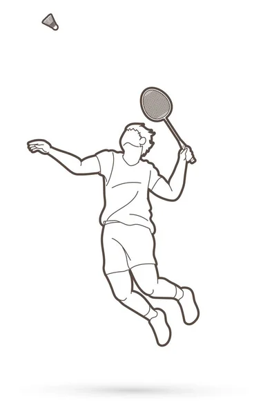 Action Joueur Masculin Badminton Avec Raquette Vecteur Graphique Dessin Animé — Image vectorielle