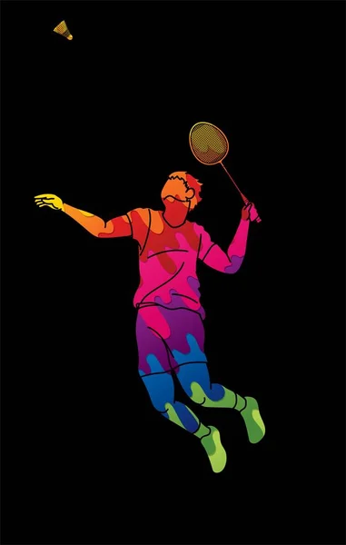 Badminton Ação Jogador Masculino Com Raquete Shuttlecock Cartoon Vector Gráfico —  Vetores de Stock