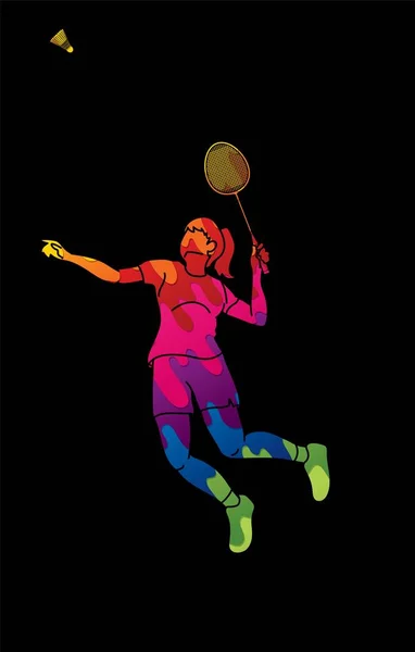 ラケットとシャトルコック漫画グラフィックベクトルを持つバドミントン女性選手のアクション — ストックベクタ