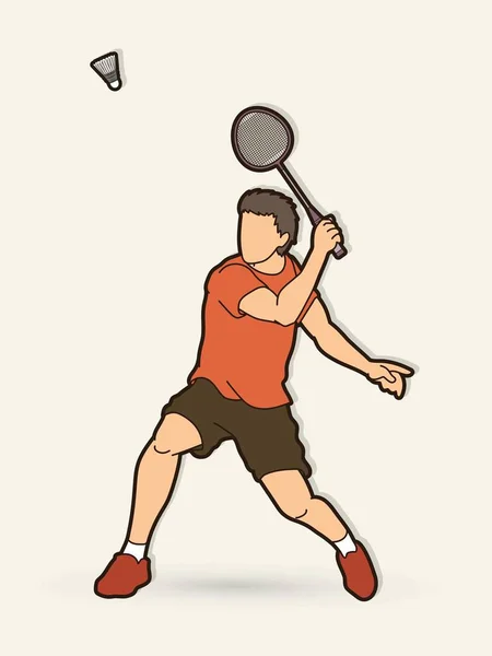Action Joueur Masculin Badminton Avec Raquette Vecteur Graphique Dessin Animé — Image vectorielle