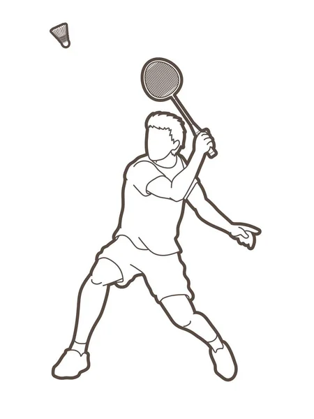 Badminton Männliche Spieler Action Mit Schläger Und Federball Cartoon Grafik — Stockvektor