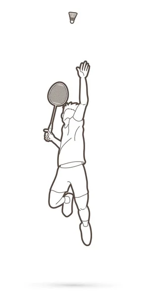 Action Joueur Masculin Badminton Avec Raquette Vecteur Graphique Dessin Animé — Image vectorielle