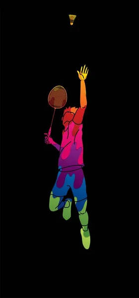 Action Joueur Masculin Badminton Avec Raquette Vecteur Graphique Dessin Animé — Image vectorielle