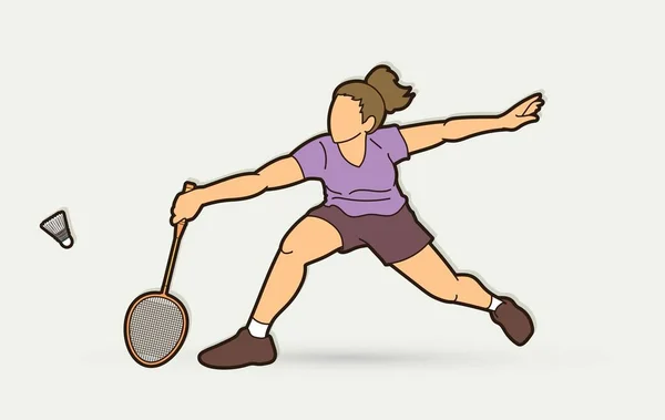 Badmintonská Ženská Akce Raketou Raketograficky Kreslený Grafický Vektor — Stockový vektor
