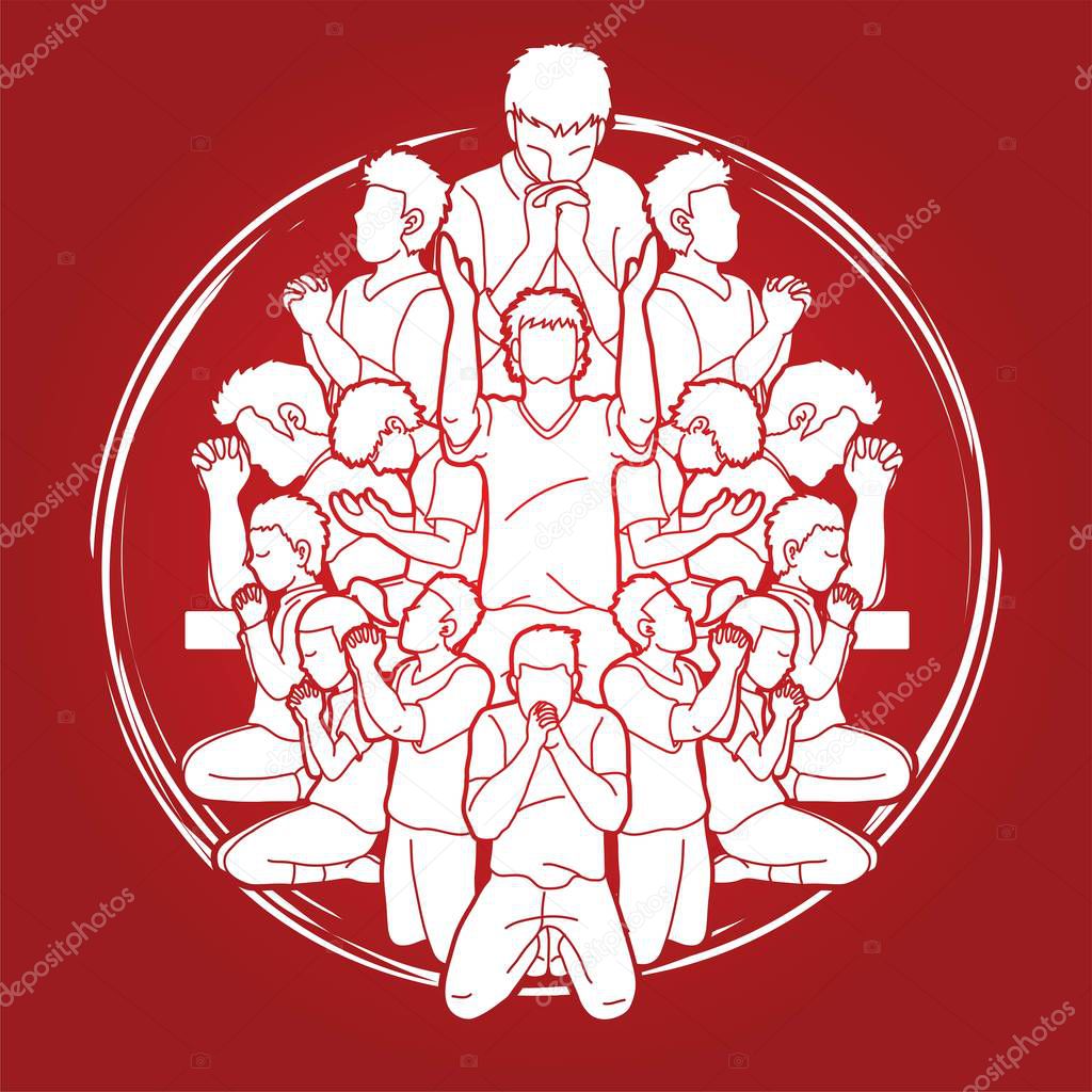 Group of People praying to God ,Prayer Unity cartoon graphic vector