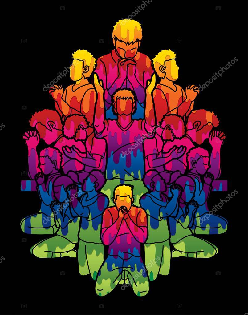Group of People praying to God ,Prayer Unity cartoon graphic vector