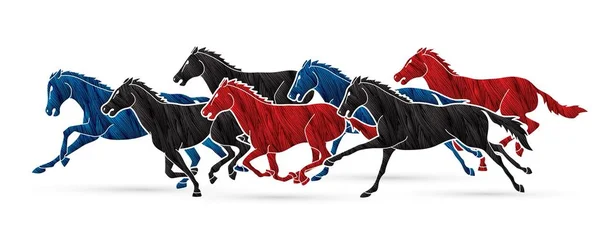 Groep Van Zeven Paarden Met Cartoon Grafische Vector — Stockvector