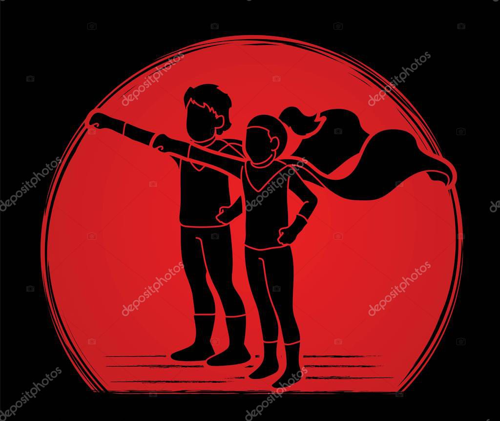 Little boy and girl playing super heroes action cartoon graphic vector.