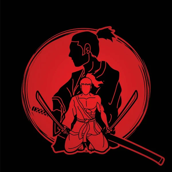 Samurai Guerreros Con Espadas Acción Dibujos Animados Vector Gráfico — Vector de stock