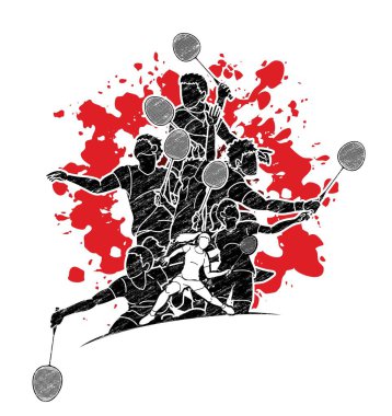 Badminton oyuncular eylem karikatür grafik vektör Grubu.