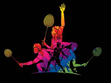 Badminton oyuncular eylem karikatür grafik vektör Grubu.