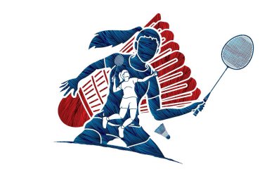 Badminton oyuncu eylem karikatür grafik vektör.