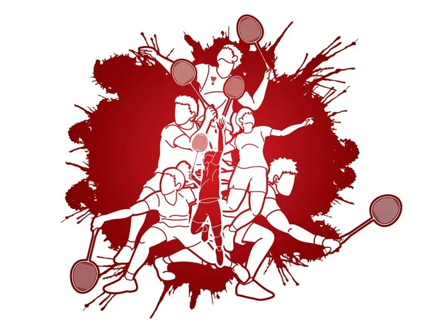 Badminton Oyuncular Eylem Karikatür Grafik Vektör Grubu — Stok Vektör